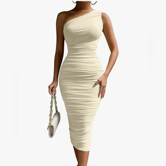 LAGSHIAN Dresses & Skirts - LAGSHIAN Bodycon One Shoulder Sleeveless Ruched Midi Dress #1022 NWOT